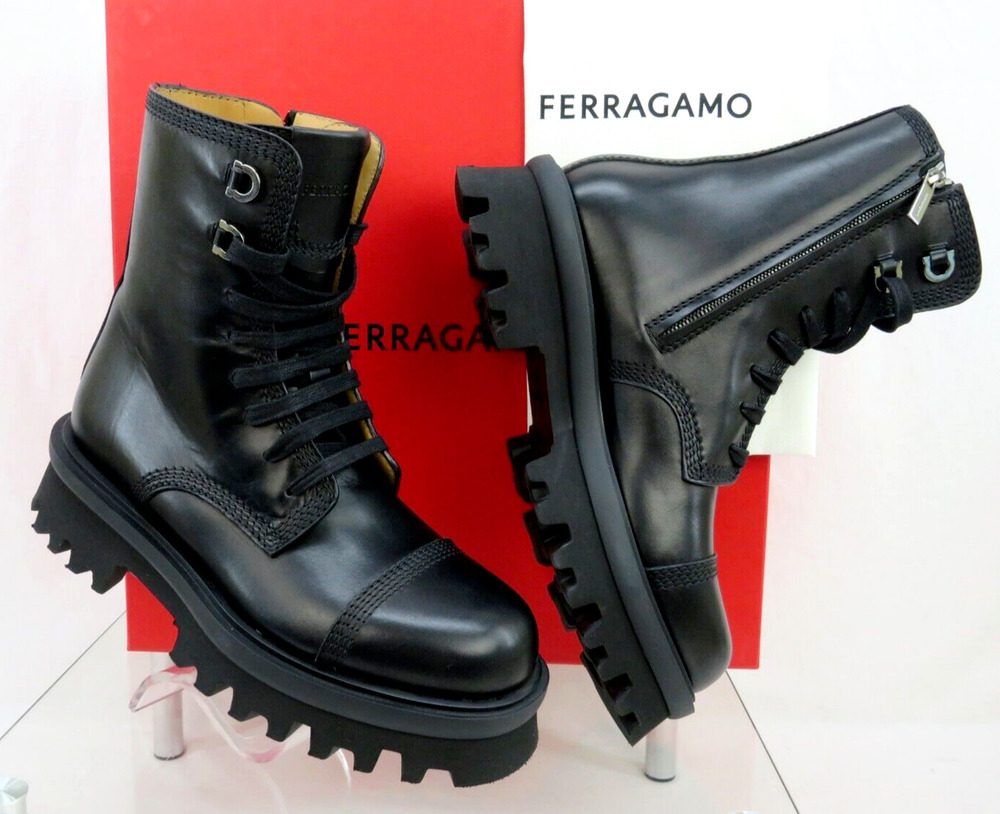 NIB FERRAGAMO FARAWAY BLACK LEATHER LOGO PLATFORM LACE ZIP COMBAT BOOTS 10 M